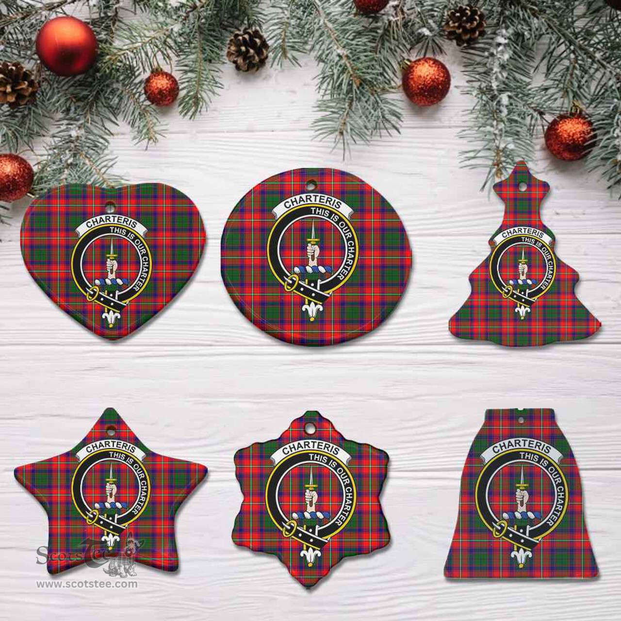 Scottish Charteris (Earl of Wemyss) Clan Crest Tartan Ceramic Ornament - Combo set ScotsTee.com
