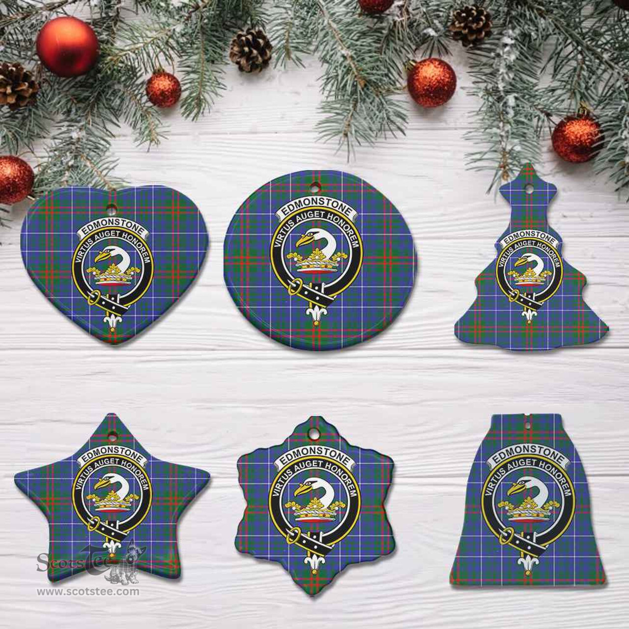 Scottish Edmonstone (of Duntreath) Clan Crest Tartan Ceramic Ornament - Combo set ScotsTee.com