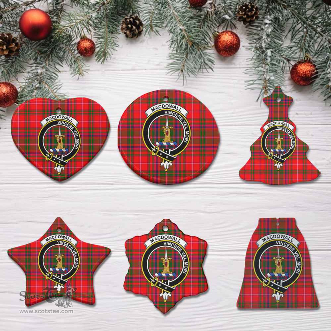 Scottish MacDowall (of Garthland) Clan Crest Tartan Ceramic Ornament - Combo set ScotsTee.com