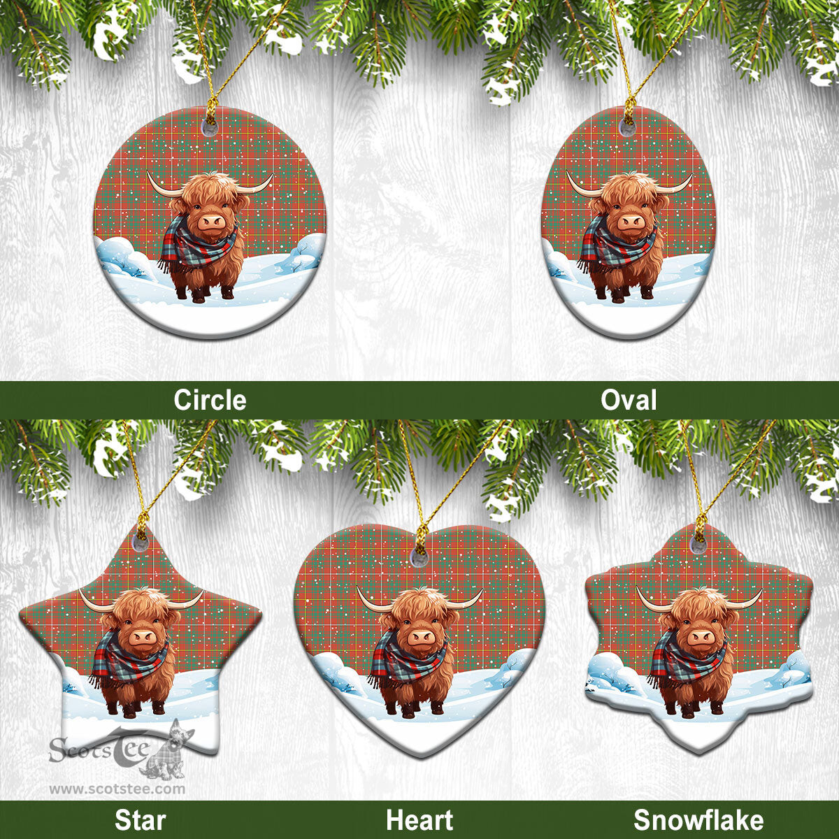 Scottish Bruce Ancient Tartan Christmas Ceramic Ornament - Highland Cows Snow Style - Tartan Christmas Ornaments Scottish Plaid Tartan Plaid - ScotsTee - scotstee.com