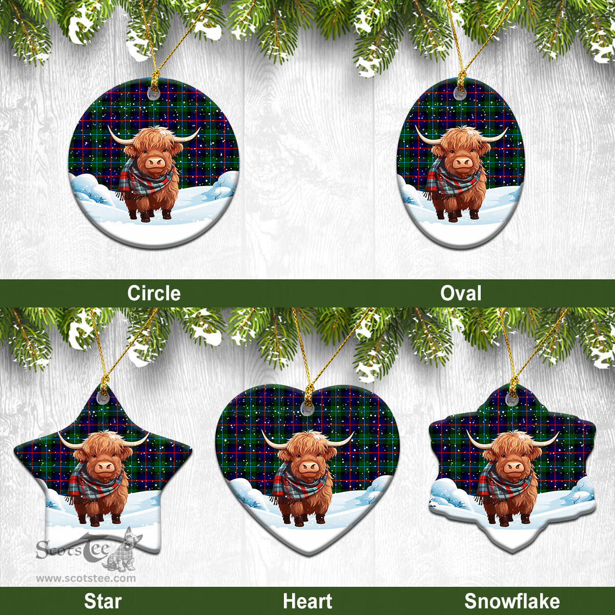 Scottish Calder (Calder-Campbell) Tartan Christmas Ceramic Ornament - Highland Cows Snow Style - Tartan Christmas Ornaments Scottish Plaid Tartan Plaid - ScotsTee - scotstee.com