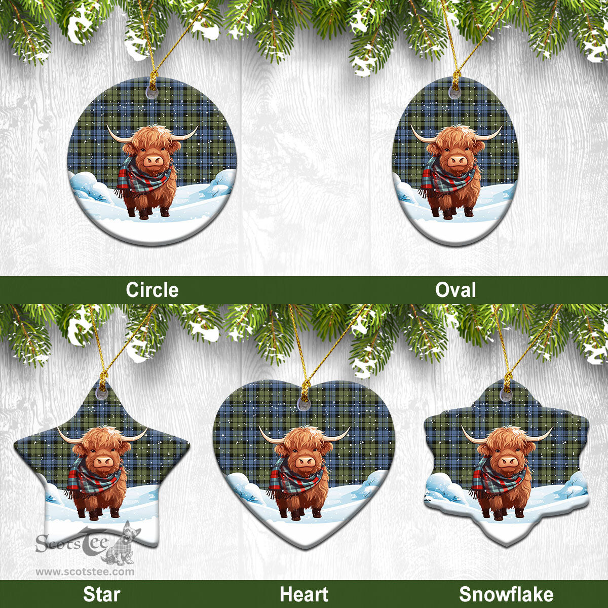 Scottish Campbell Faded Tartan Christmas Ceramic Ornament - Highland Cows Snow Style - Tartan Christmas Ornaments Scottish Plaid Tartan Plaid - ScotsTee - scotstee.com