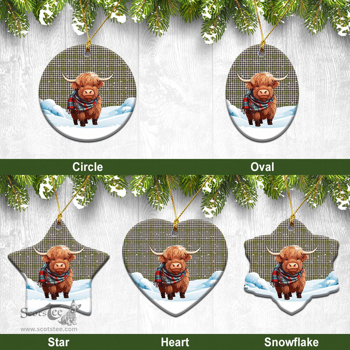 Scottish Burns Check Tartan Christmas Ceramic Ornament - Highland Cows Snow Style - Tartan Christmas Ornaments Scottish Plaid Tartan Plaid - ScotsTee - scotstee.com