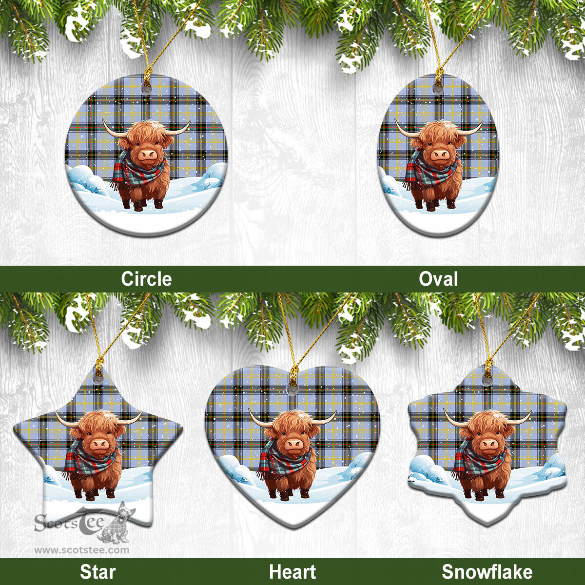 Scottish Bell of the Borders Tartan Christmas Ceramic Ornament - Highland Cows Snow Style - Tartan Christmas Ornaments Scottish Plaid Tartan Plaid - ScotsTee - scotstee.com