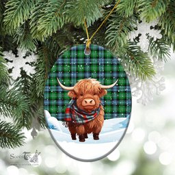Scottish Arbuthnot Ancient Tartan Christmas Ceramic Ornament - Highland Cows Snow Style - Tartan Christmas Ornaments Scottish Plaid Tartan Plaid - ScotsTee - scotstee.com
