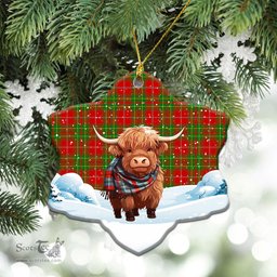 Scottish Burnett Ancient Tartan Christmas Ceramic Ornament - Highland Cows Snow Style - Tartan Christmas Ornaments Scottish Plaid Tartan Plaid - ScotsTee - scotstee.com