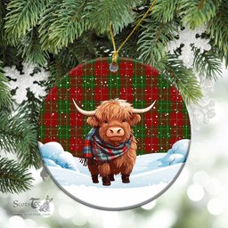 Scottish Burnett Tartan Christmas Ceramic Ornament - Highland Cows Snow Style - Tartan Christmas Ornaments Scottish Plaid Tartan Plaid - ScotsTee - scotstee.com