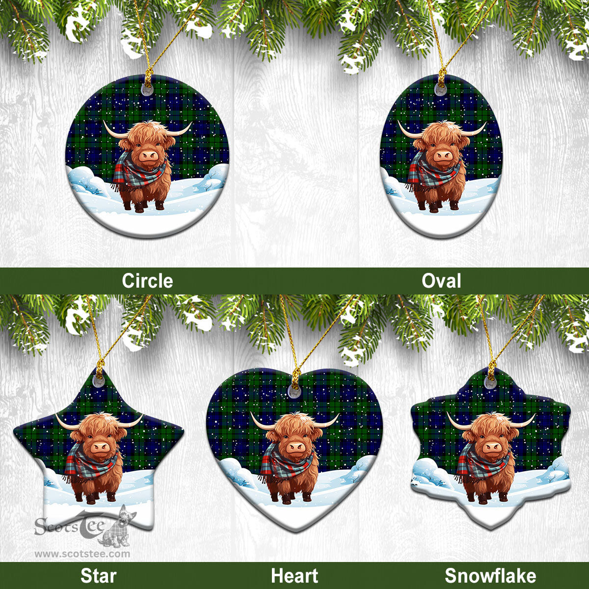 Scottish Bannatyne Tartan Christmas Ceramic Ornament - Highland Cows Snow Style - Tartan Christmas Ornaments Scottish Plaid Tartan Plaid - ScotsTee - scotstee.com