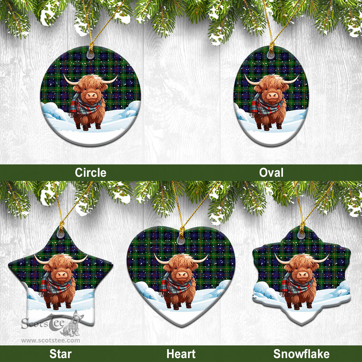 Scottish Baillie Tartan Christmas Ceramic Ornament - Highland Cows Snow Style - Tartan Christmas Ornaments Scottish Plaid Tartan Plaid - ScotsTee - scotstee.com