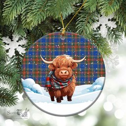 Scottish Bethune Ancient Tartan Christmas Ceramic Ornament - Highland Cows Snow Style - Tartan Christmas Ornaments Scottish Plaid Tartan Plaid - ScotsTee - scotstee.com