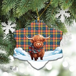 Scottish Buchanan Ancient Tartan Christmas Ceramic Ornament - Highland Cows Snow Style - Tartan Christmas Ornaments Scottish Plaid Tartan Plaid - ScotsTee - scotstee.com