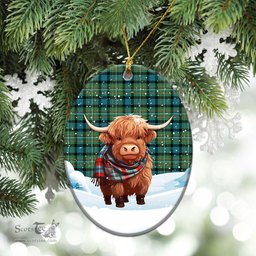 Scottish Ferguson Ancient Tartan Christmas Ceramic Ornament - Highland Cows Snow Style - Tartan Christmas Ornaments Scottish Plaid Tartan Plaid - ScotsTee - scotstee.com