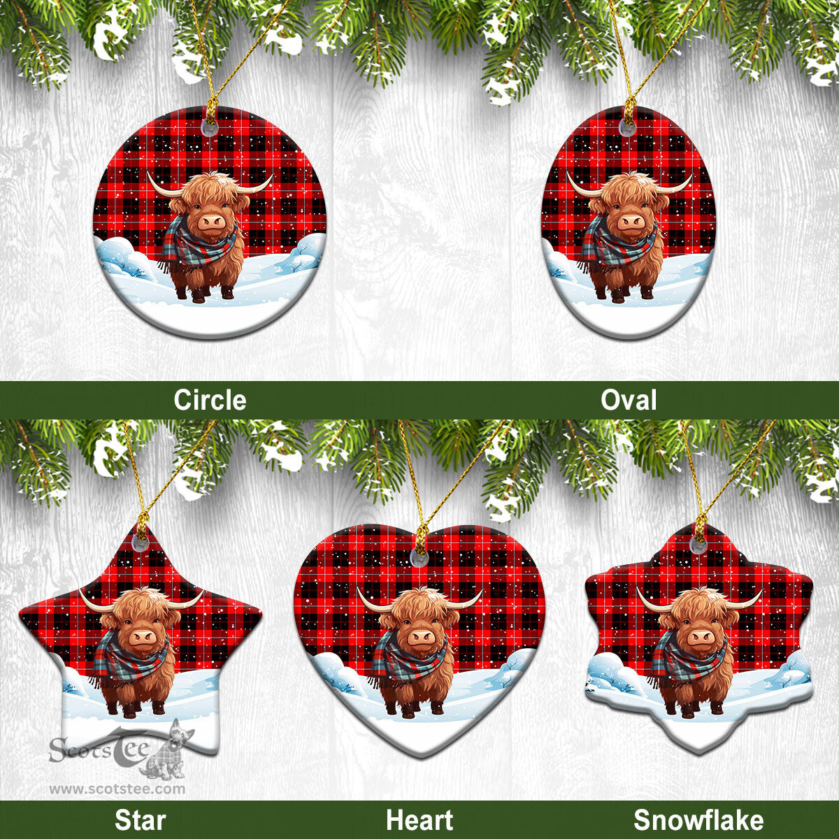 Scottish Cunningham Modern Tartan Christmas Ceramic Ornament - Highland Cows Snow Style - Tartan Christmas Ornaments Scottish Plaid Tartan Plaid - ScotsTee - scotstee.com