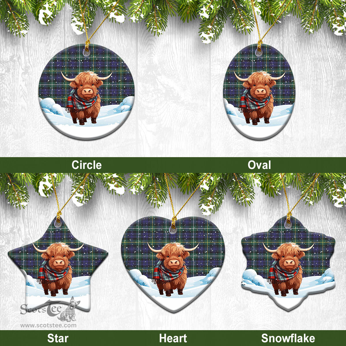 Scottish Campbell Argyll Modern Tartan Christmas Ceramic Ornament - Highland Cows Snow Style - Tartan Christmas Ornaments Scottish Plaid Tartan Plaid - ScotsTee - scotstee.com