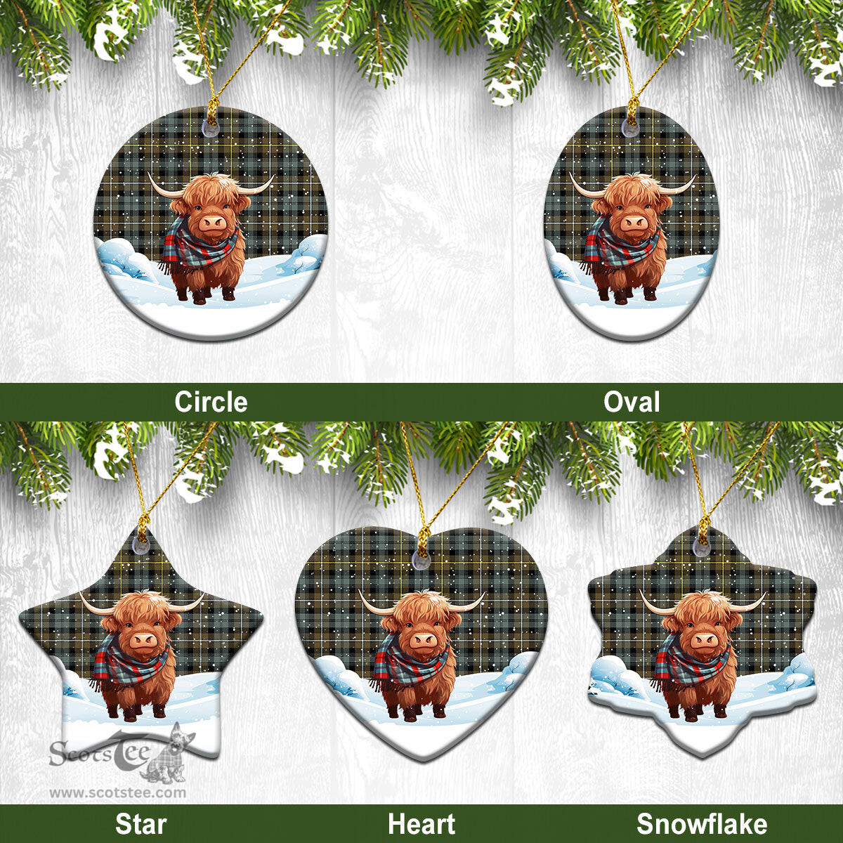 Scottish Campbell Argyll Weathered Tartan Christmas Ceramic Ornament - Highland Cows Snow Style - Tartan Christmas Ornaments Scottish Plaid Tartan Plaid - ScotsTee - scotstee.com
