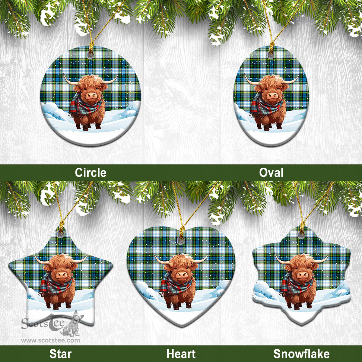 Scottish Campbell Dress Tartan Christmas Ceramic Ornament - Highland Cows Snow Style - Tartan Christmas Ornaments Scottish Plaid Tartan Plaid - ScotsTee - scotstee.com