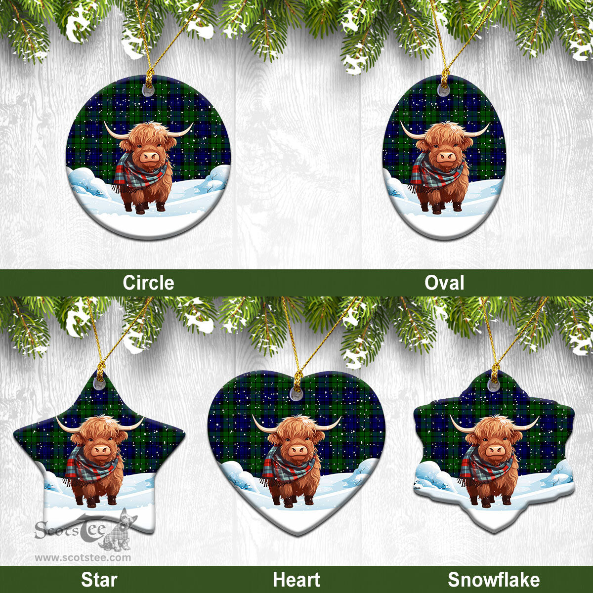 Scottish Campbell Modern Tartan Christmas Ceramic Ornament - Highland Cows Snow Style - Tartan Christmas Ornaments Scottish Plaid Tartan Plaid - ScotsTee - scotstee.com