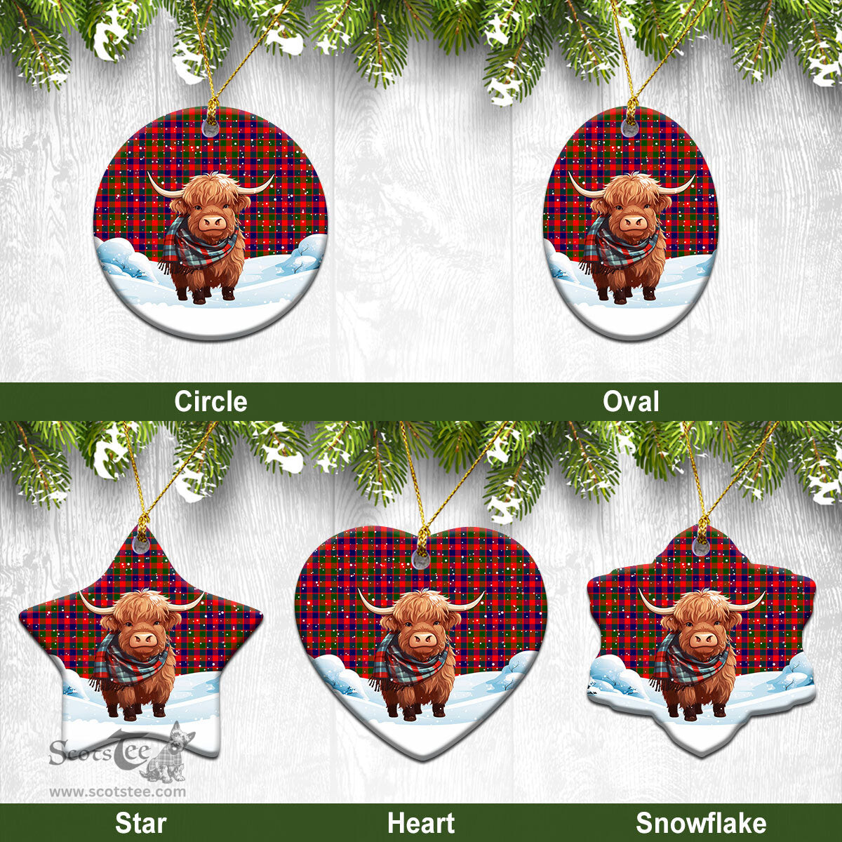 Scottish Gow (of Skeoch) Tartan Christmas Ceramic Ornament - Highland Cows Snow Style - Tartan Christmas Ornaments Scottish Plaid Tartan Plaid - ScotsTee - scotstee.com