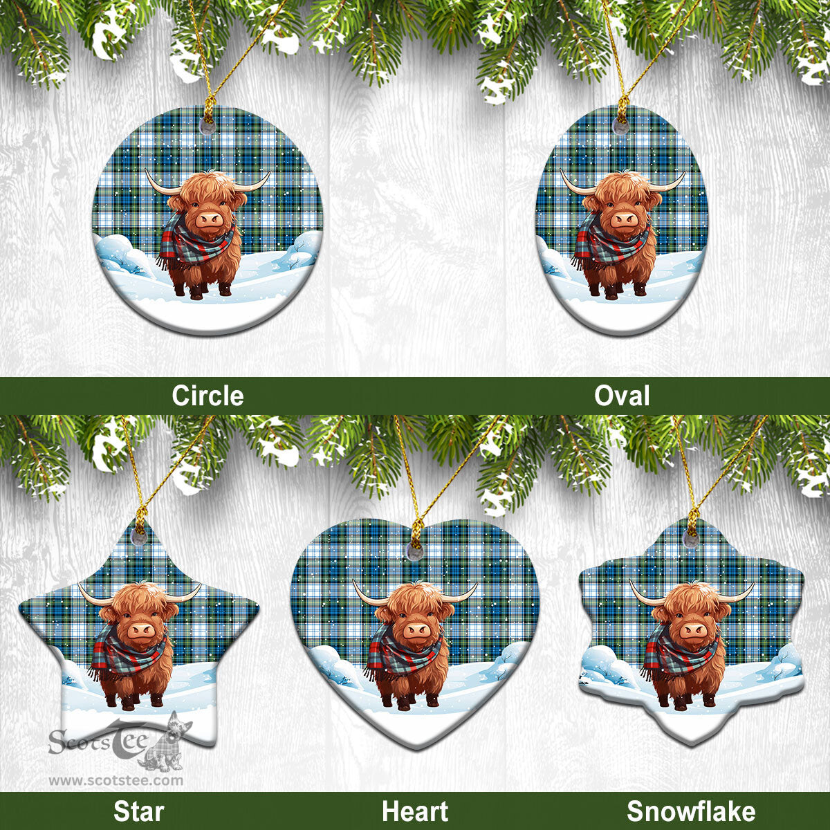 Scottish Campbell Dress Ancient Tartan Christmas Ceramic Ornament - Highland Cows Snow Style - Tartan Christmas Ornaments Scottish Plaid Tartan Plaid - ScotsTee - scotstee.com