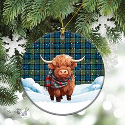 Scottish Colquhoun Ancient Tartan Christmas Ceramic Ornament - Highland Cows Snow Style - Tartan Christmas Ornaments Scottish Plaid Tartan Plaid - ScotsTee - scotstee.com