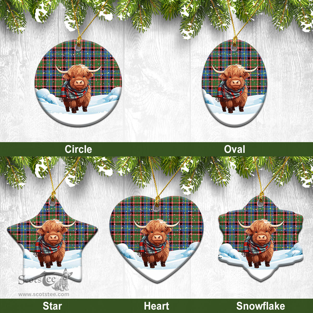Scottish Glass Tartan Christmas Ceramic Ornament - Highland Cows Snow Style - Tartan Christmas Ornaments Scottish Plaid Tartan Plaid - ScotsTee - scotstee.com