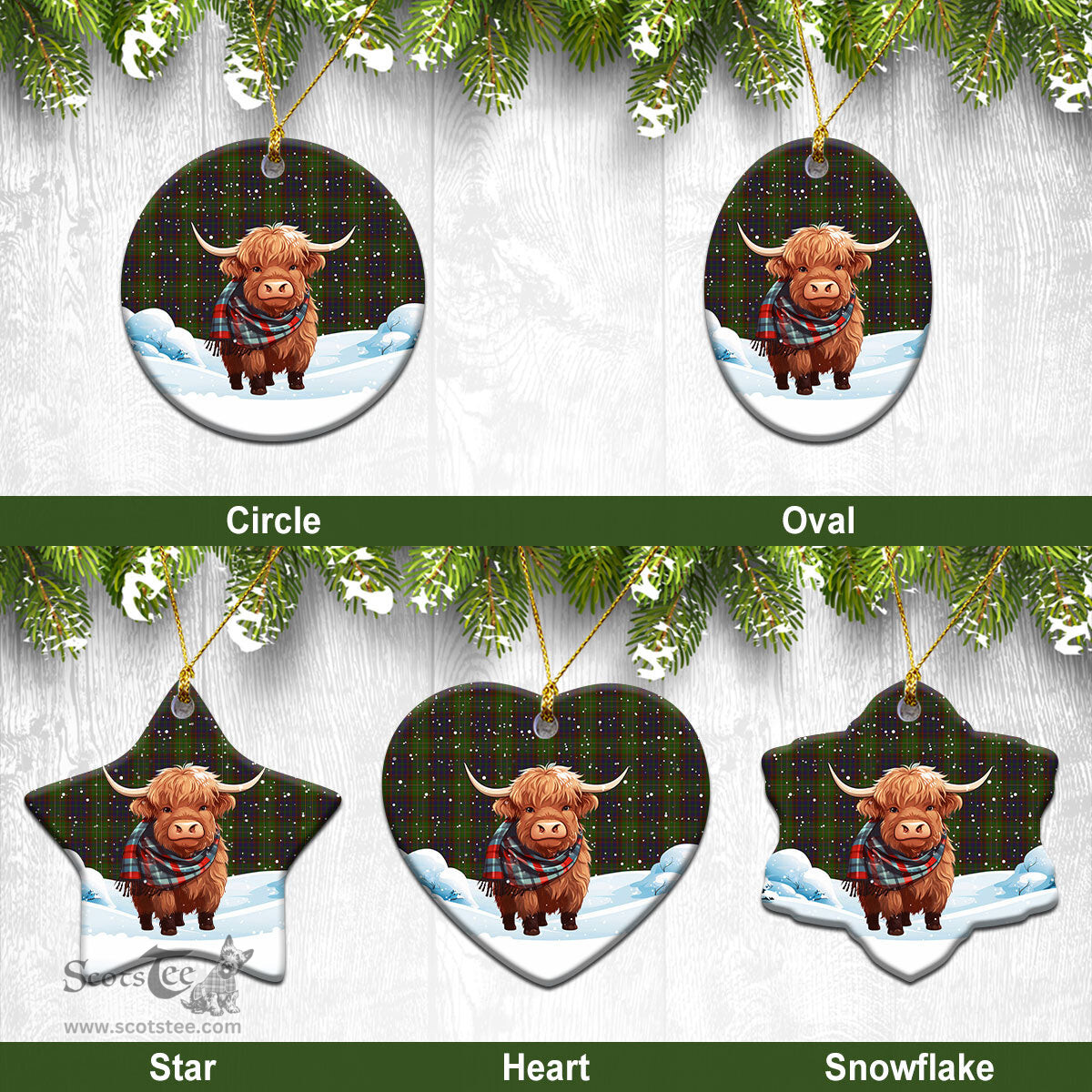 Scottish Cunningham Hunting Modern Tartan Christmas Ceramic Ornament - Highland Cows Snow Style - Tartan Christmas Ornaments Scottish Plaid Tartan Plaid - ScotsTee - scotstee.com