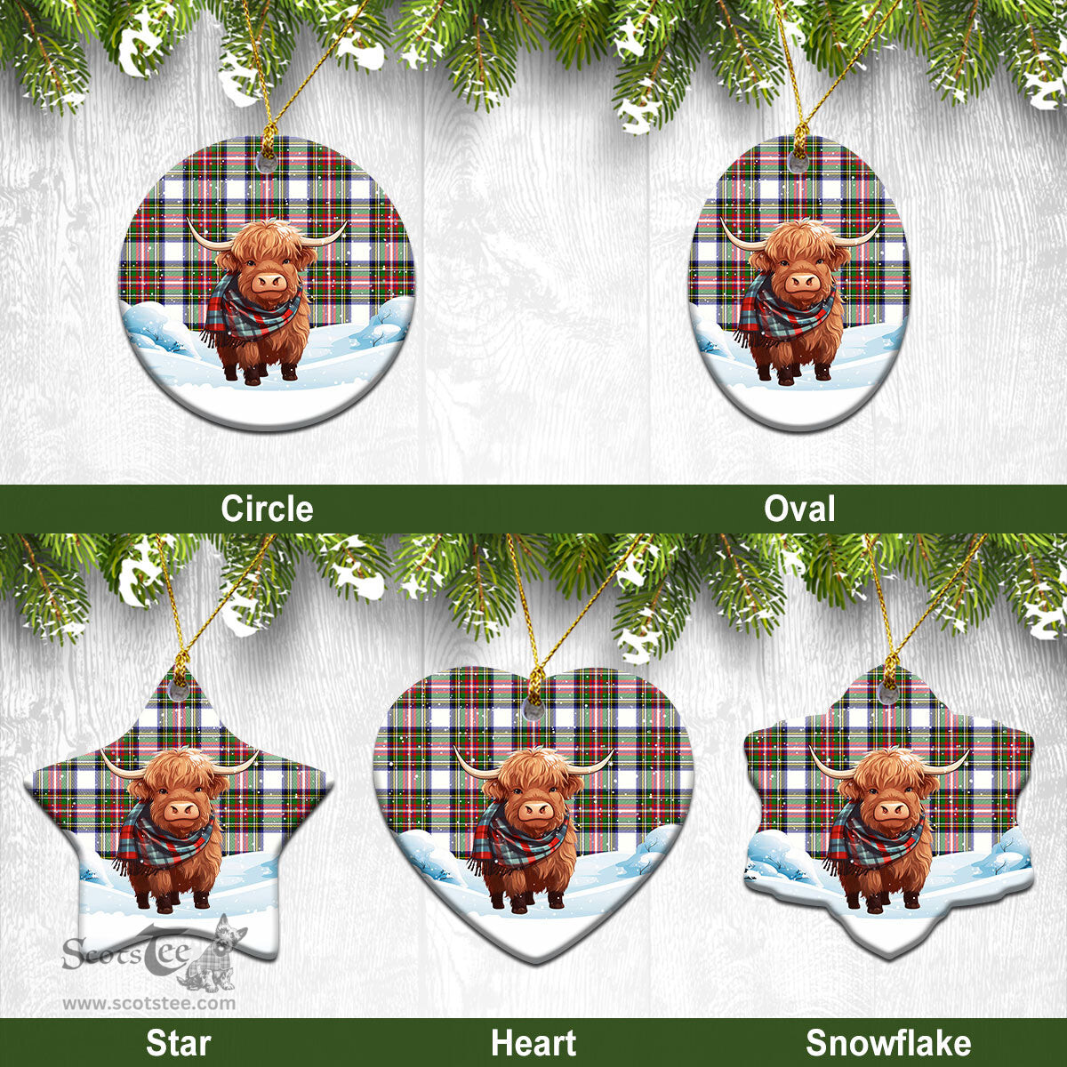 Scottish Dennistoun Tartan Christmas Ceramic Ornament - Highland Cows Snow Style - Tartan Christmas Ornaments Scottish Plaid Tartan Plaid - ScotsTee - scotstee.com
