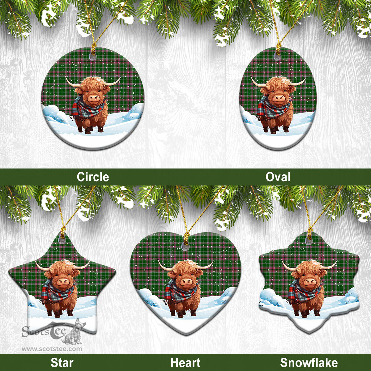 Scottish Gray Hunting Tartan Christmas Ceramic Ornament - Highland Cows Snow Style - Tartan Christmas Ornaments Scottish Plaid Tartan Plaid - ScotsTee - scotstee.com