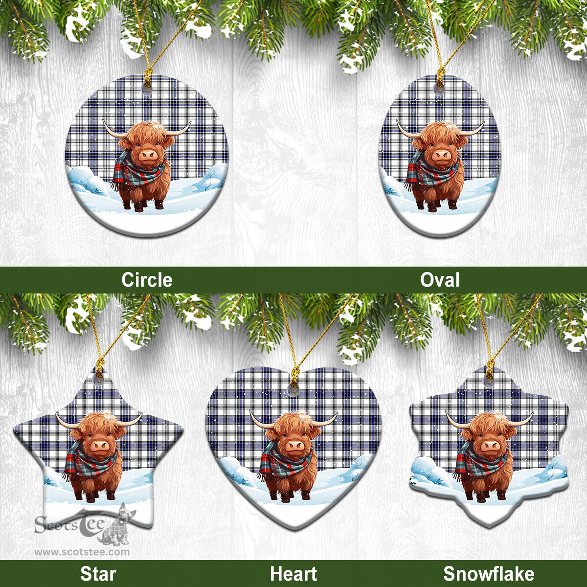 Scottish Hannay Modern Tartan Christmas Ceramic Ornament - Highland Cows Snow Style - Tartan Christmas Ornaments Scottish Plaid Tartan Plaid - ScotsTee - scotstee.com