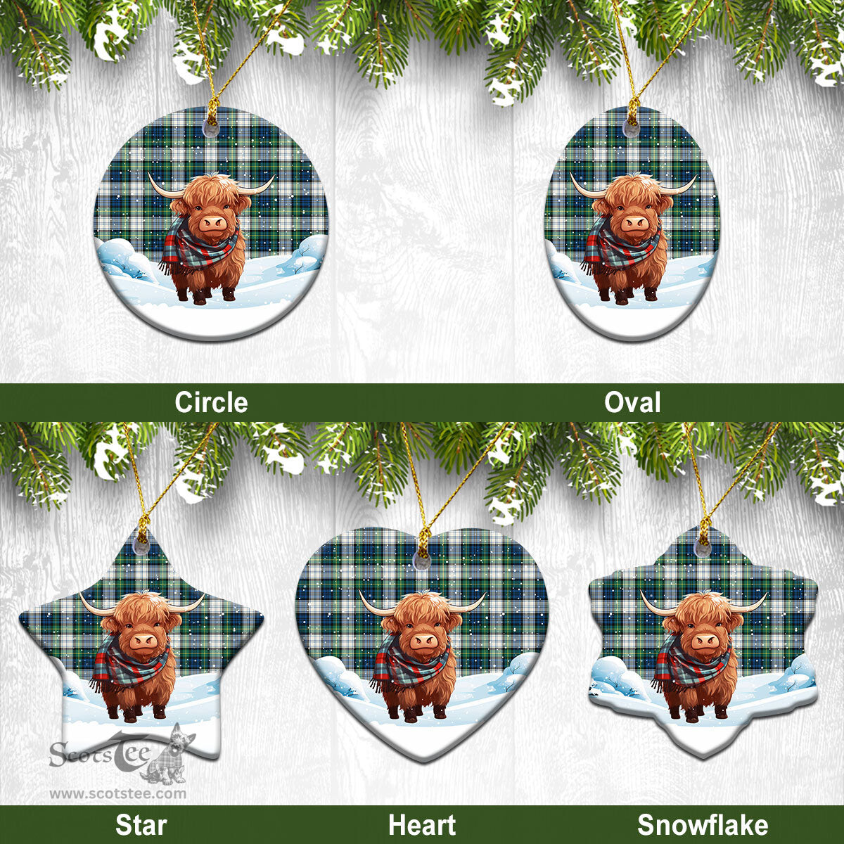 Scottish Gordon Dress Ancient Tartan Christmas Ceramic Ornament - Highland Cows Snow Style - Tartan Christmas Ornaments Scottish Plaid Tartan Plaid - ScotsTee - scotstee.com