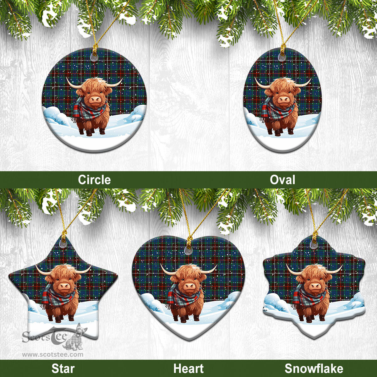 Scottish Fraser (of Lovat) Hunting Ancient Tartan Christmas Ceramic Ornament - Highland Cows Snow Style - Tartan Christmas Ornaments Scottish Plaid Tartan Plaid - ScotsTee - scotstee.com