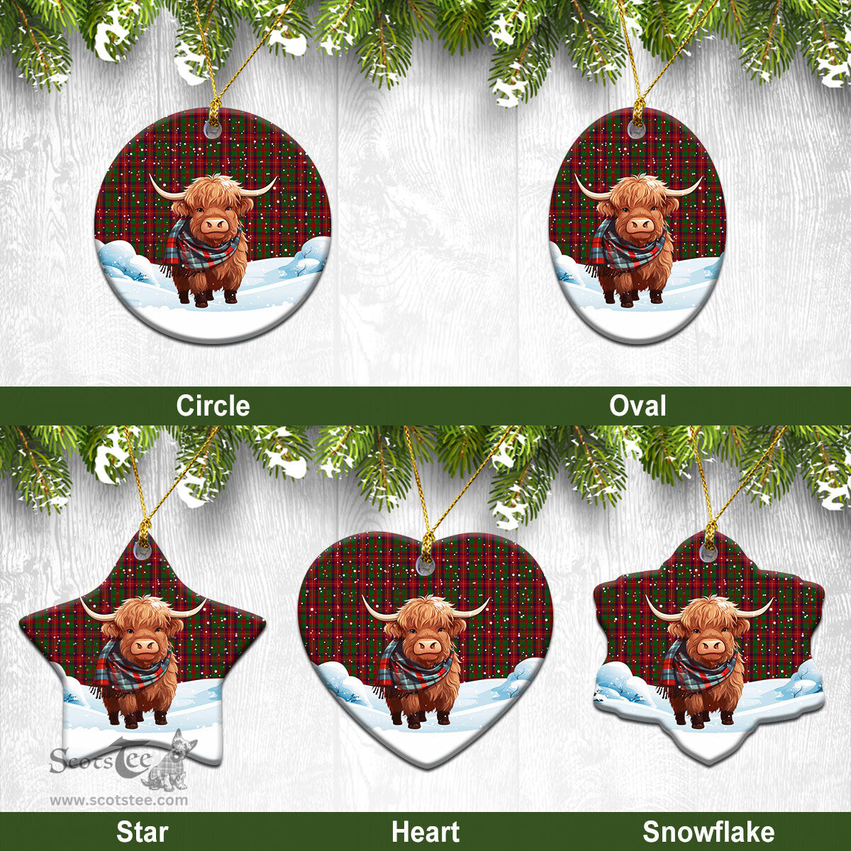 Scottish Ged Tartan Christmas Ceramic Ornament - Highland Cows Snow Style - Tartan Christmas Ornaments Scottish Plaid Tartan Plaid - ScotsTee - scotstee.com