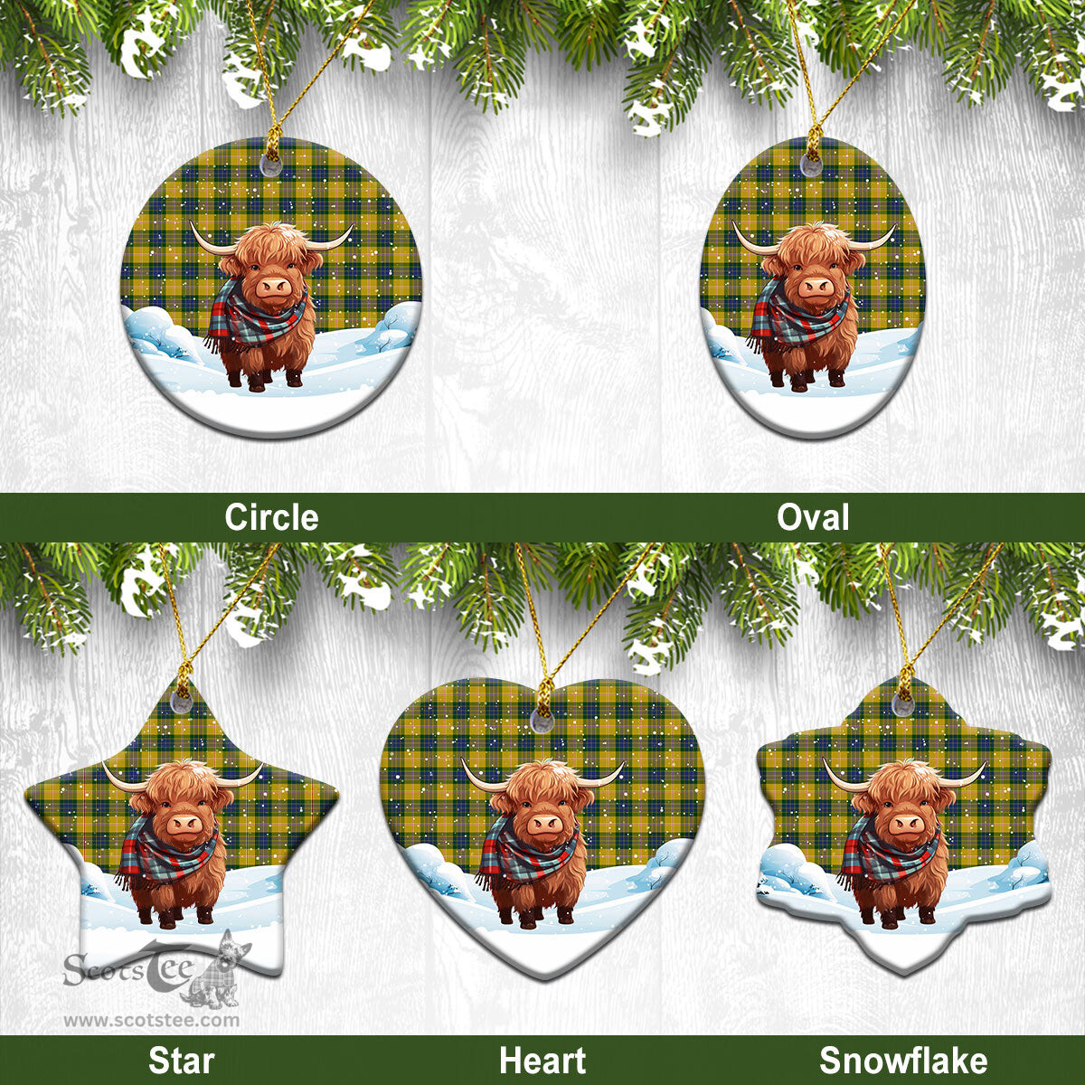 Scottish Fraser (of Lovat) Yellow Tartan Christmas Ceramic Ornament - Highland Cows Snow Style - Tartan Christmas Ornaments Scottish Plaid Tartan Plaid - ScotsTee - scotstee.com