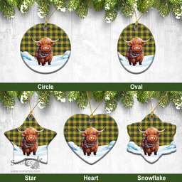 Scottish Fraser (of Lovat) Yellow Tartan Christmas Ceramic Ornament - Highland Cows Snow Style - Tartan Christmas Ornaments Scottish Plaid Tartan Plaid - ScotsTee - scotstee.com