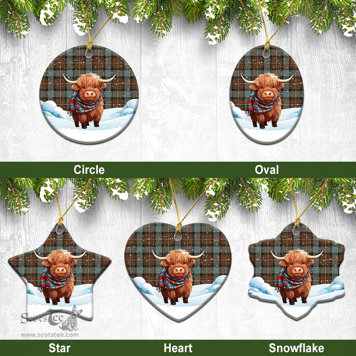 Scottish Fergusson Weathered Tartan Christmas Ceramic Ornament - Highland Cows Snow Style - Tartan Christmas Ornaments Scottish Plaid Tartan Plaid - ScotsTee - scotstee.com