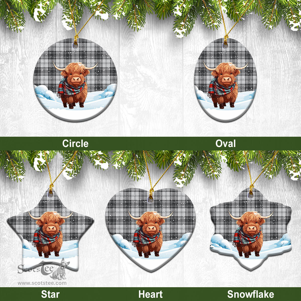 Scottish Glen Tartan Christmas Ceramic Ornament - Highland Cows Snow Style - Tartan Christmas Ornaments Scottish Plaid Tartan Plaid - ScotsTee - scotstee.com