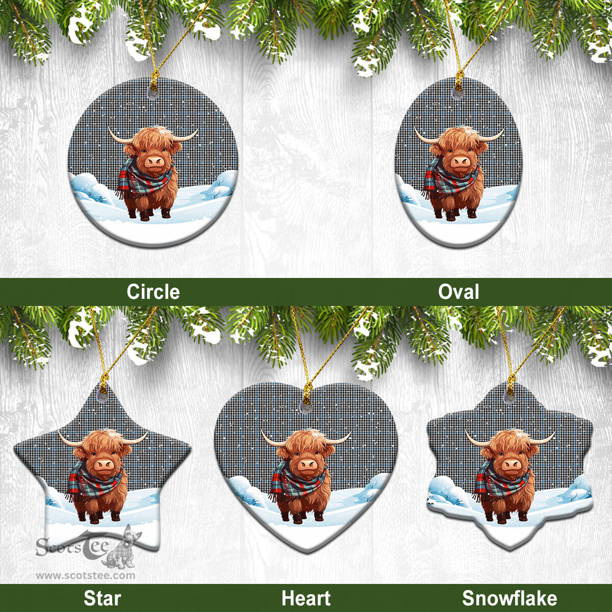 Scottish Gladstone Tartan Christmas Ceramic Ornament - Highland Cows Snow Style - Tartan Christmas Ornaments Scottish Plaid Tartan Plaid - ScotsTee - scotstee.com