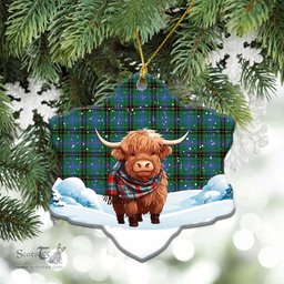 Scottish Davidson Ancient Tartan Christmas Ceramic Ornament - Highland Cows Snow Style - Tartan Christmas Ornaments Scottish Plaid Tartan Plaid - ScotsTee - scotstee.com