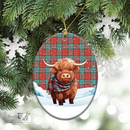 Scottish Dunbar Ancient Tartan Christmas Ceramic Ornament - Highland Cows Snow Style - Tartan Christmas Ornaments Scottish Plaid Tartan Plaid - ScotsTee - scotstee.com