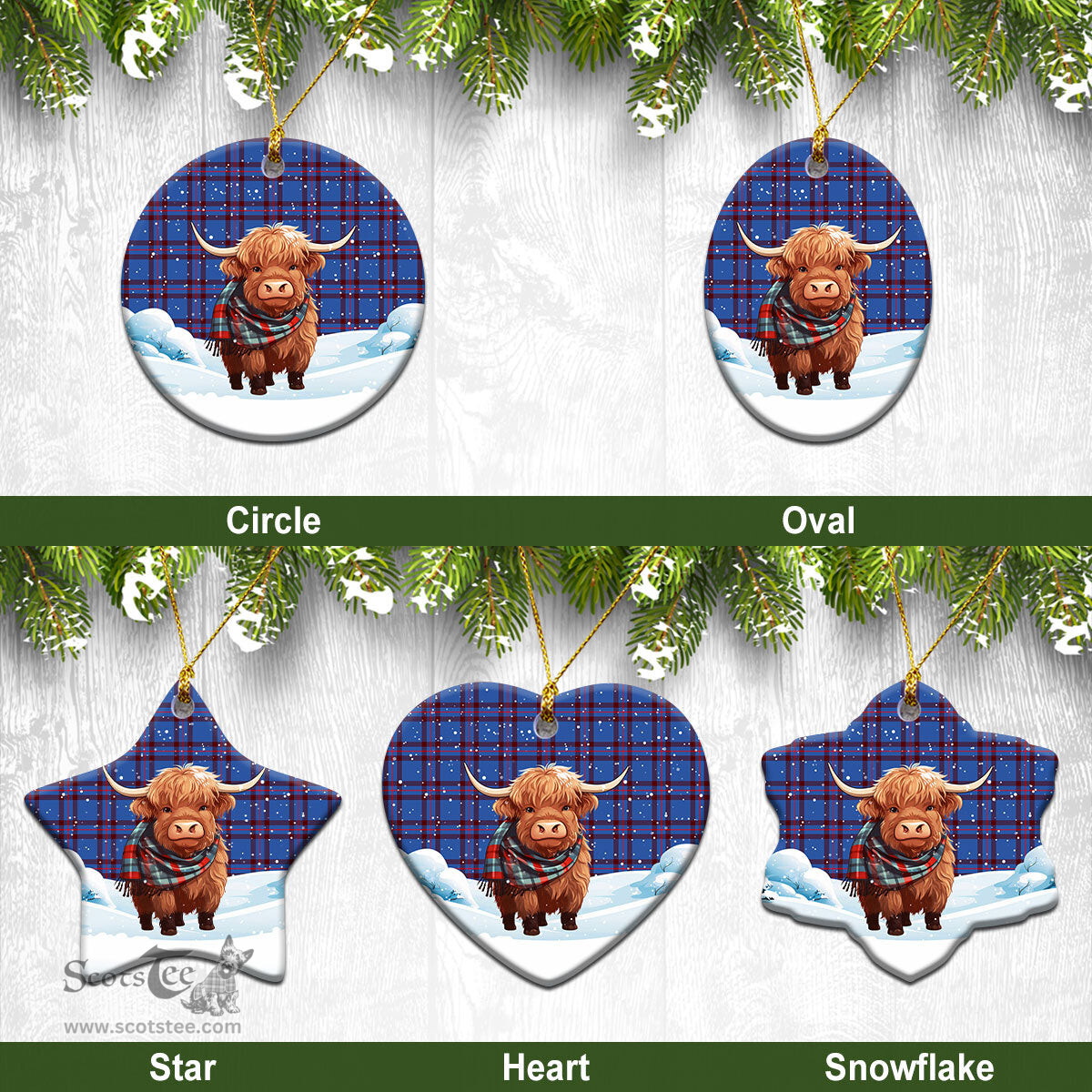 Scottish Elliott Modern Tartan Christmas Ceramic Ornament - Highland Cows Snow Style - Tartan Christmas Ornaments Scottish Plaid Tartan Plaid - ScotsTee - scotstee.com