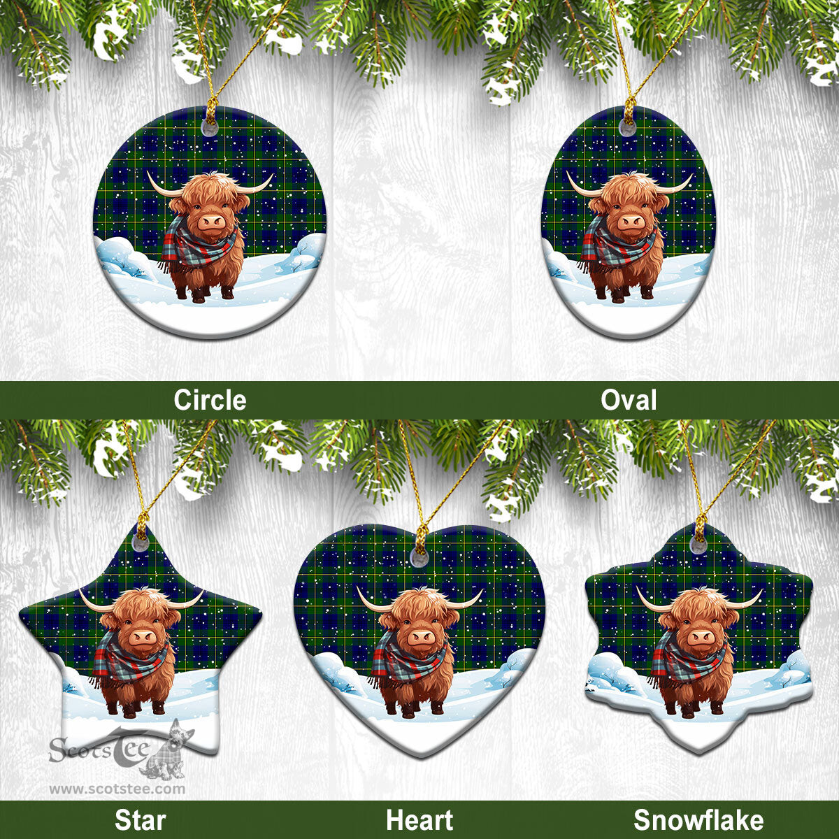 Scottish Johnston of Caskieben Tartan Christmas Ceramic Ornament - Highland Cows Snow Style - Tartan Christmas Ornaments Scottish Plaid Tartan Plaid - ScotsTee - scotstee.com