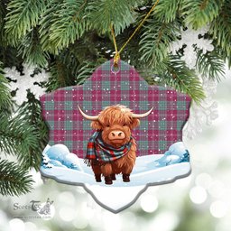 Scottish Crawford Ancient Tartan Christmas Ceramic Ornament - Highland Cows Snow Style - Tartan Christmas Ornaments Scottish Plaid Tartan Plaid - ScotsTee - scotstee.com