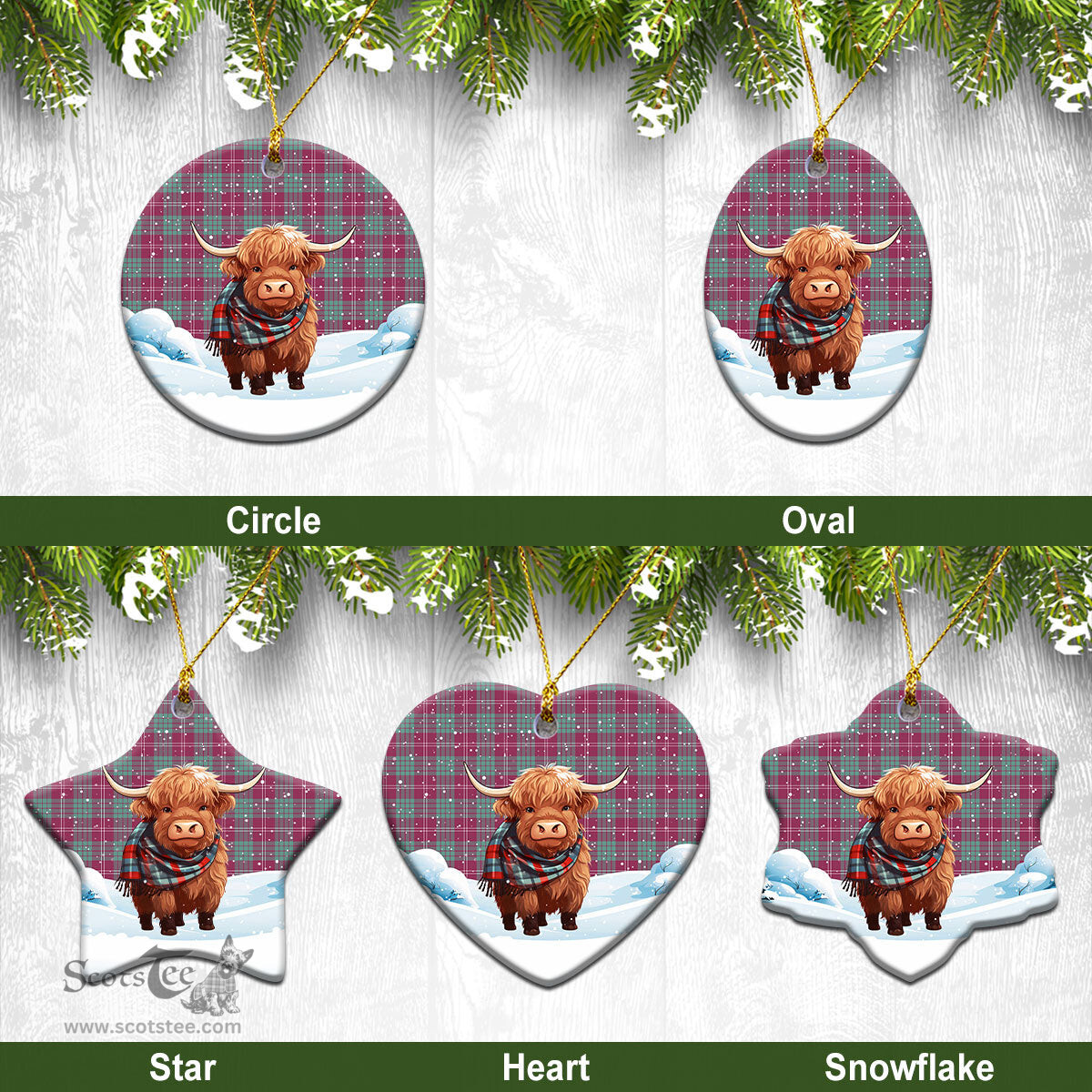 Scottish Crawford Ancient Tartan Christmas Ceramic Ornament - Highland Cows Snow Style - Tartan Christmas Ornaments Scottish Plaid Tartan Plaid - ScotsTee - scotstee.com