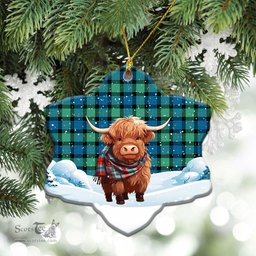 Scottish Gunn Ancient Tartan Christmas Ceramic Ornament - Highland Cows Snow Style - Tartan Christmas Ornaments Scottish Plaid Tartan Plaid - ScotsTee - scotstee.com