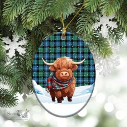 Scottish Galbraith Ancient Tartan Christmas Ceramic Ornament - Highland Cows Snow Style - Tartan Christmas Ornaments Scottish Plaid Tartan Plaid - ScotsTee - scotstee.com