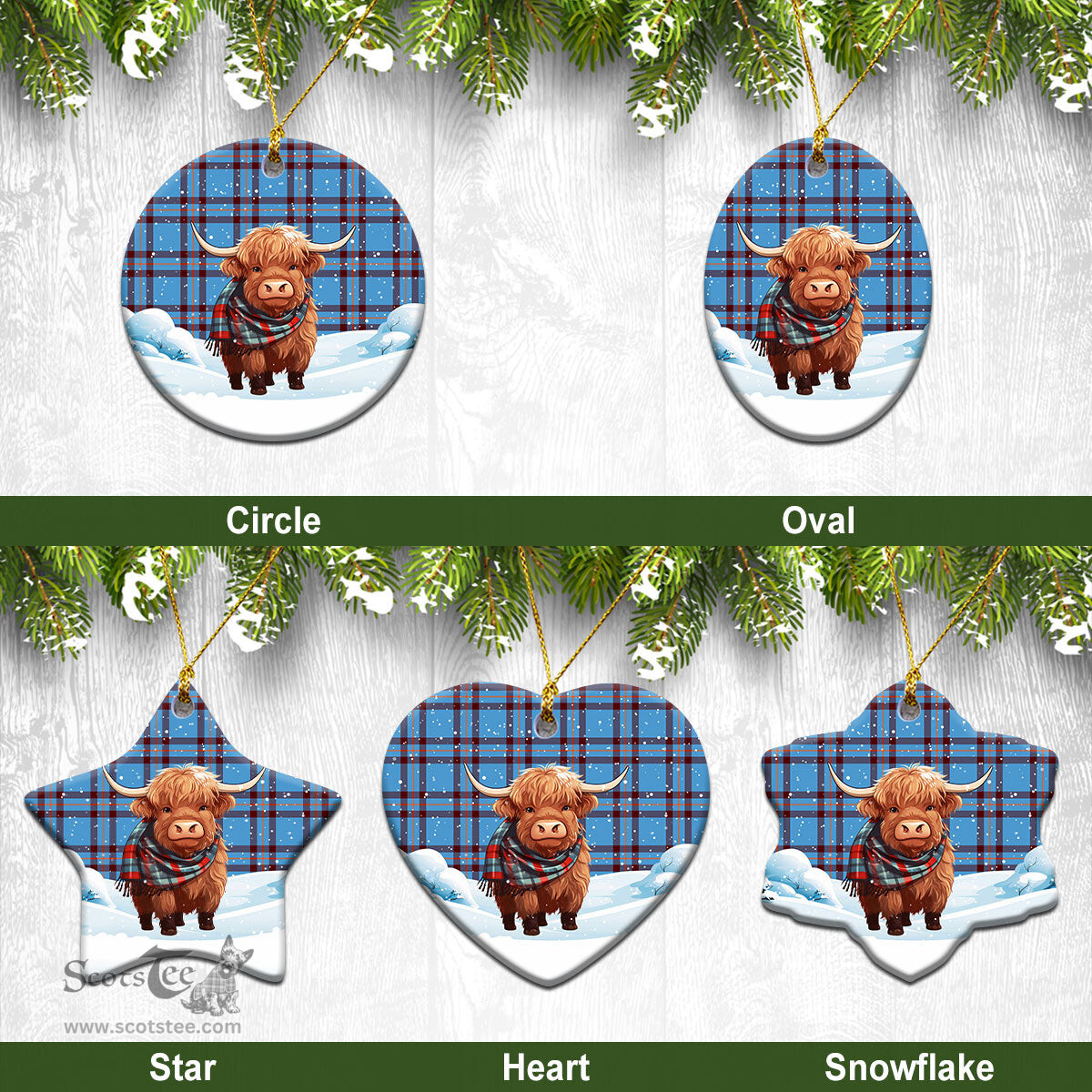 Scottish Elliott Ancient Tartan Christmas Ceramic Ornament - Highland Cows Snow Style - Tartan Christmas Ornaments Scottish Plaid Tartan Plaid - ScotsTee - scotstee.com