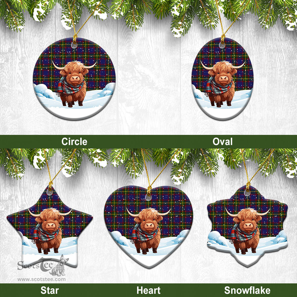 Scottish Durie Tartan Christmas Ceramic Ornament - Highland Cows Snow Style - Tartan Christmas Ornaments Scottish Plaid Tartan Plaid - ScotsTee - scotstee.com