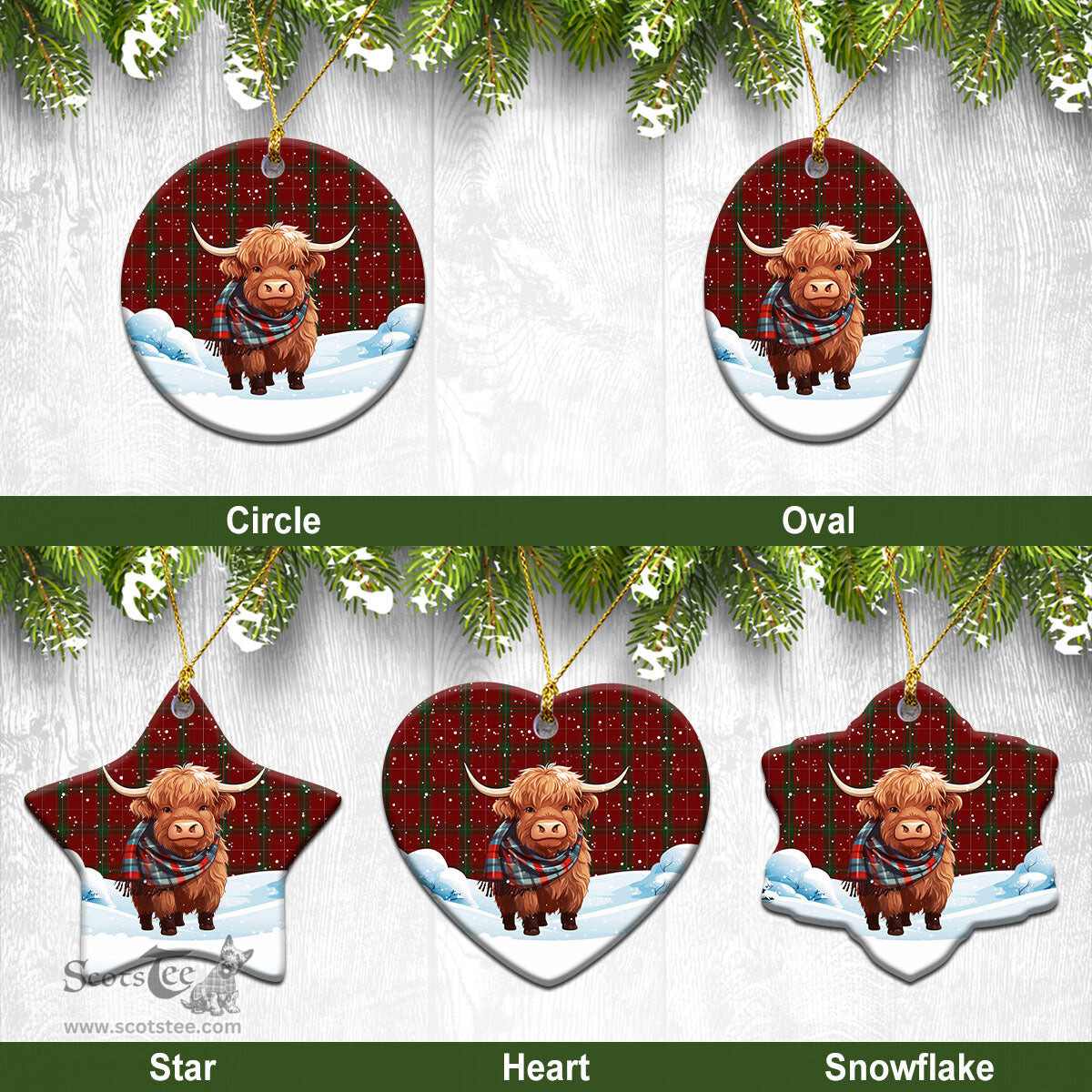 Scottish Carruthers Tartan Christmas Ceramic Ornament - Highland Cows Snow Style - Tartan Christmas Ornaments Scottish Plaid Tartan Plaid - ScotsTee - scotstee.com