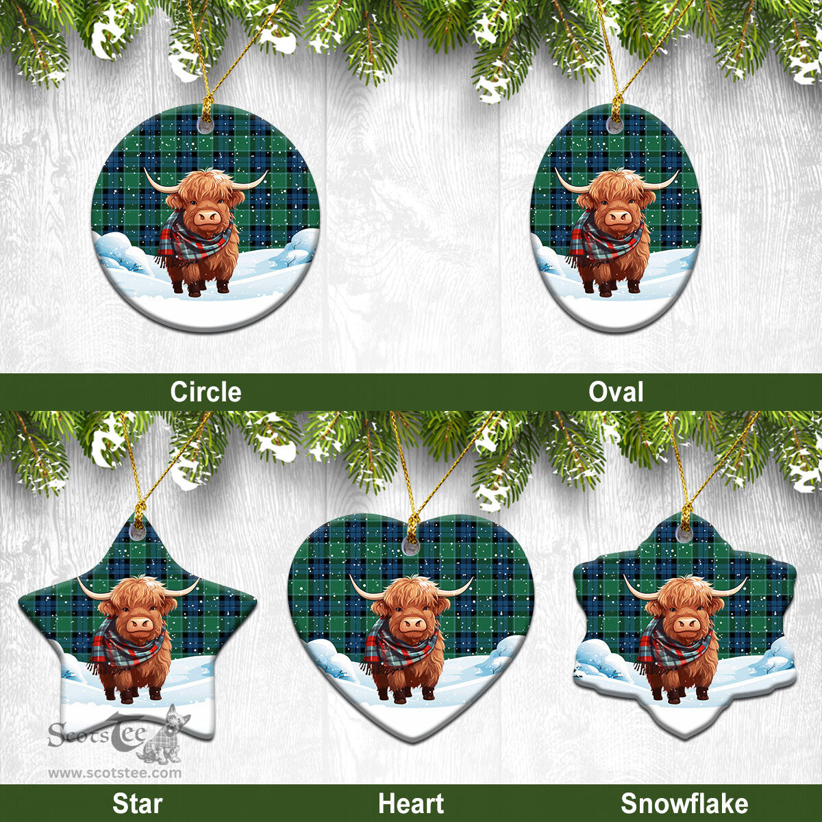 Scottish Graham of Menteith Ancient Tartan Christmas Ceramic Ornament - Highland Cows Snow Style - Tartan Christmas Ornaments Scottish Plaid Tartan Plaid - ScotsTee - scotstee.com