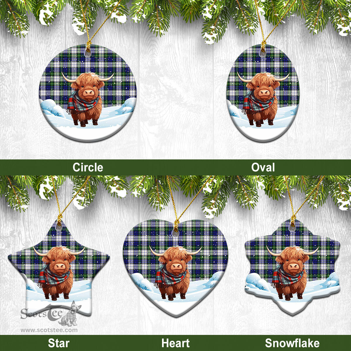 Scottish Gordon Dress Modern Tartan Christmas Ceramic Ornament - Highland Cows Snow Style - Tartan Christmas Ornaments Scottish Plaid Tartan Plaid - ScotsTee - scotstee.com